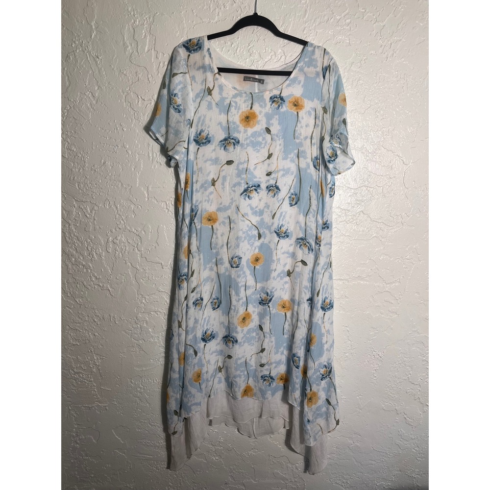 Lordkitsch‎ Floral Shift Dress Blue Yellow Poppy Asymmetric Hem Size 3 L